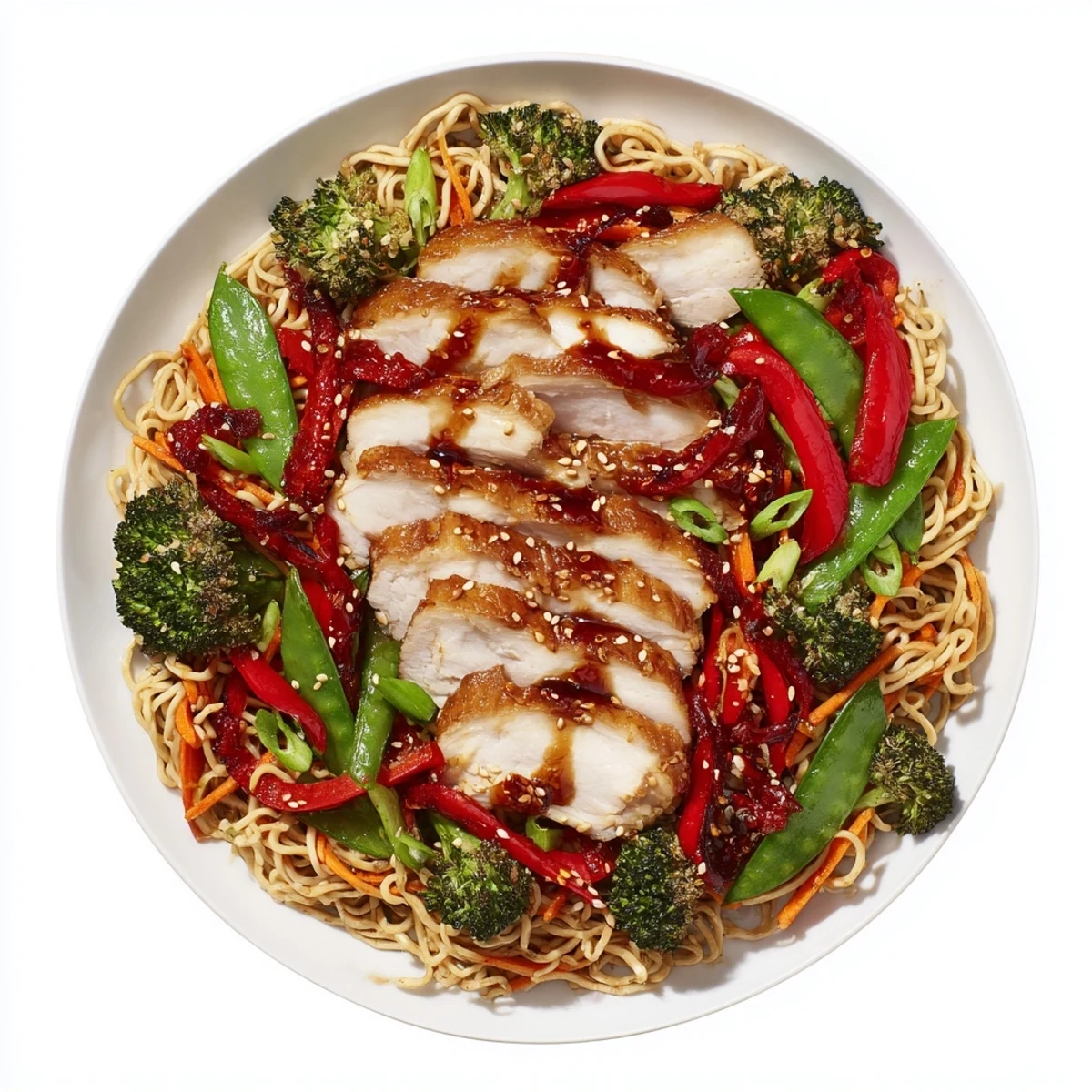 A close-up of sheet-pan crispy ramen highlights the golden-brown noodles and juicy chicken pieces.