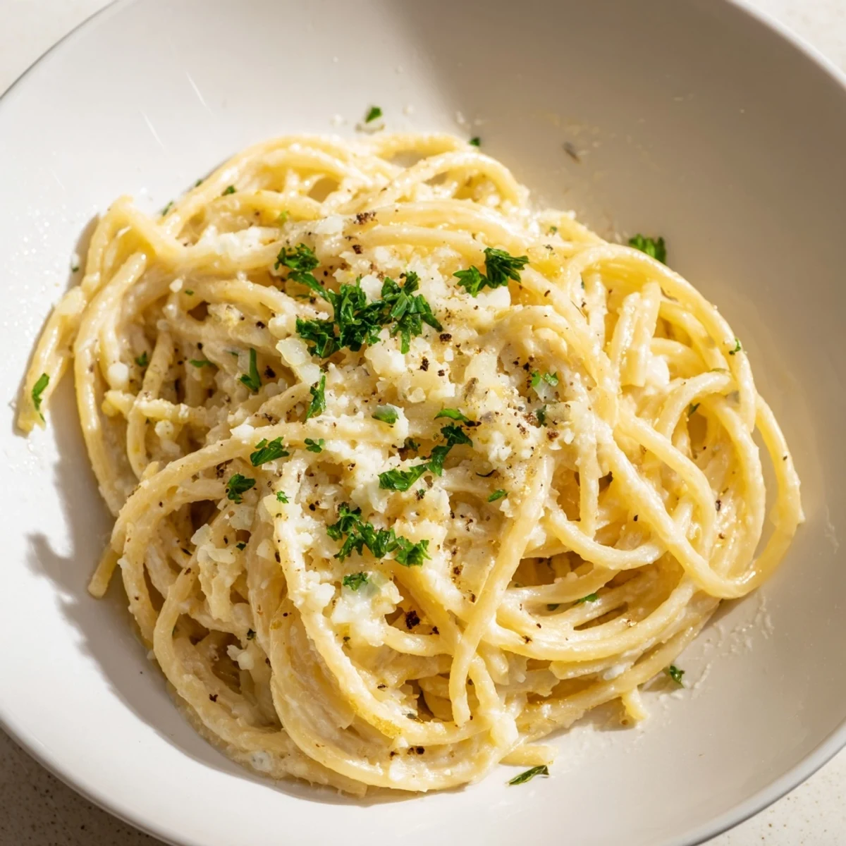 Close up shows golden cheesy richness of the finished Creamy Three-Cheese Spaghetti dish, ready to savor.