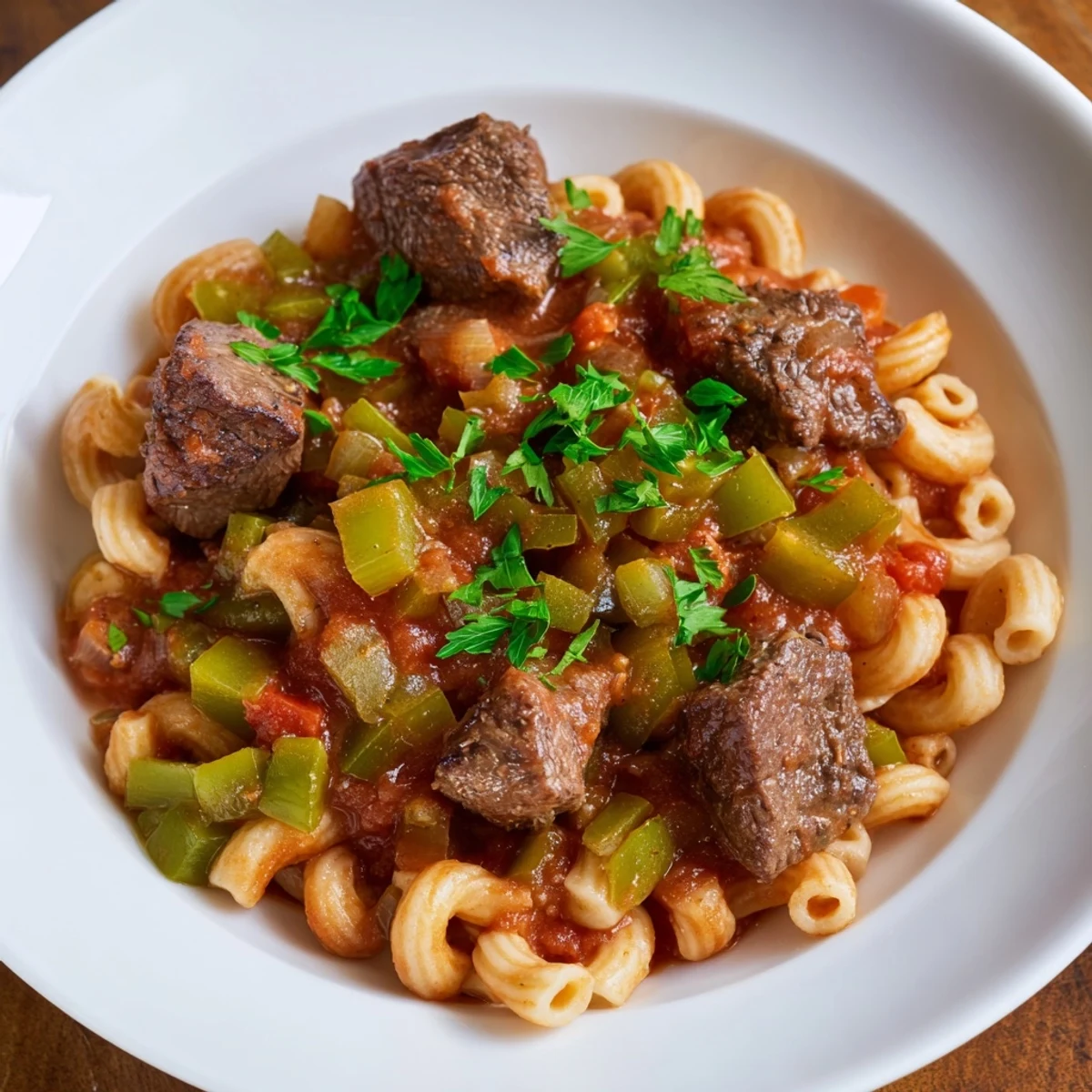 Steaming goulash with beef and pasta; a hearty, tomato-based stew ready to be served.