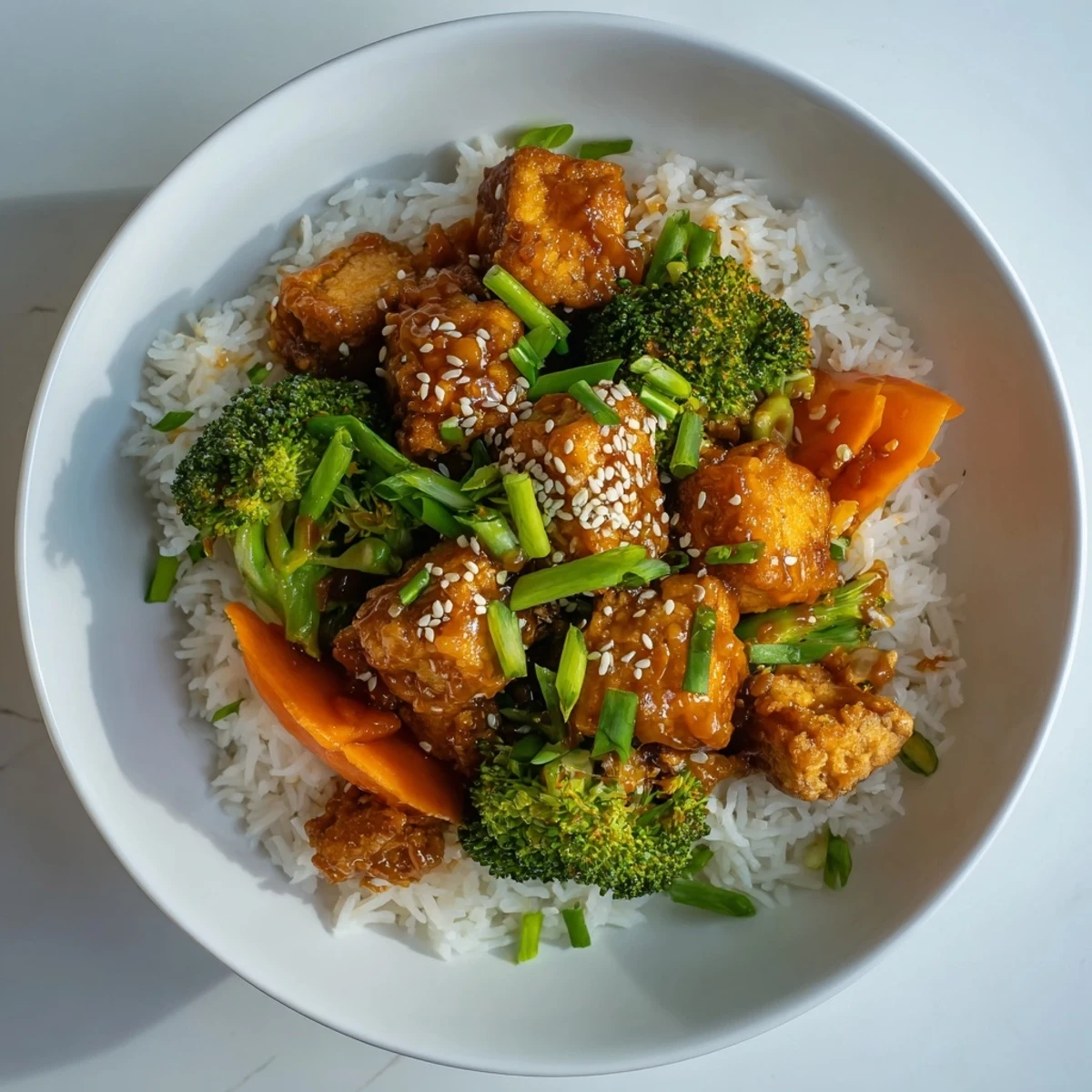 Crispy sesame tofu and broccoli, glistening in a savory sauce, over fluffy white rice.
