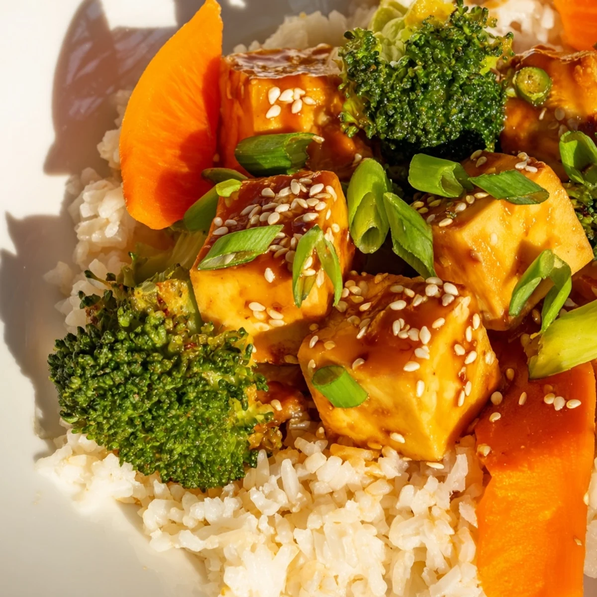 A steaming bowl of sesame tofu & broccoli, garnished with green onions and sesame seeds.