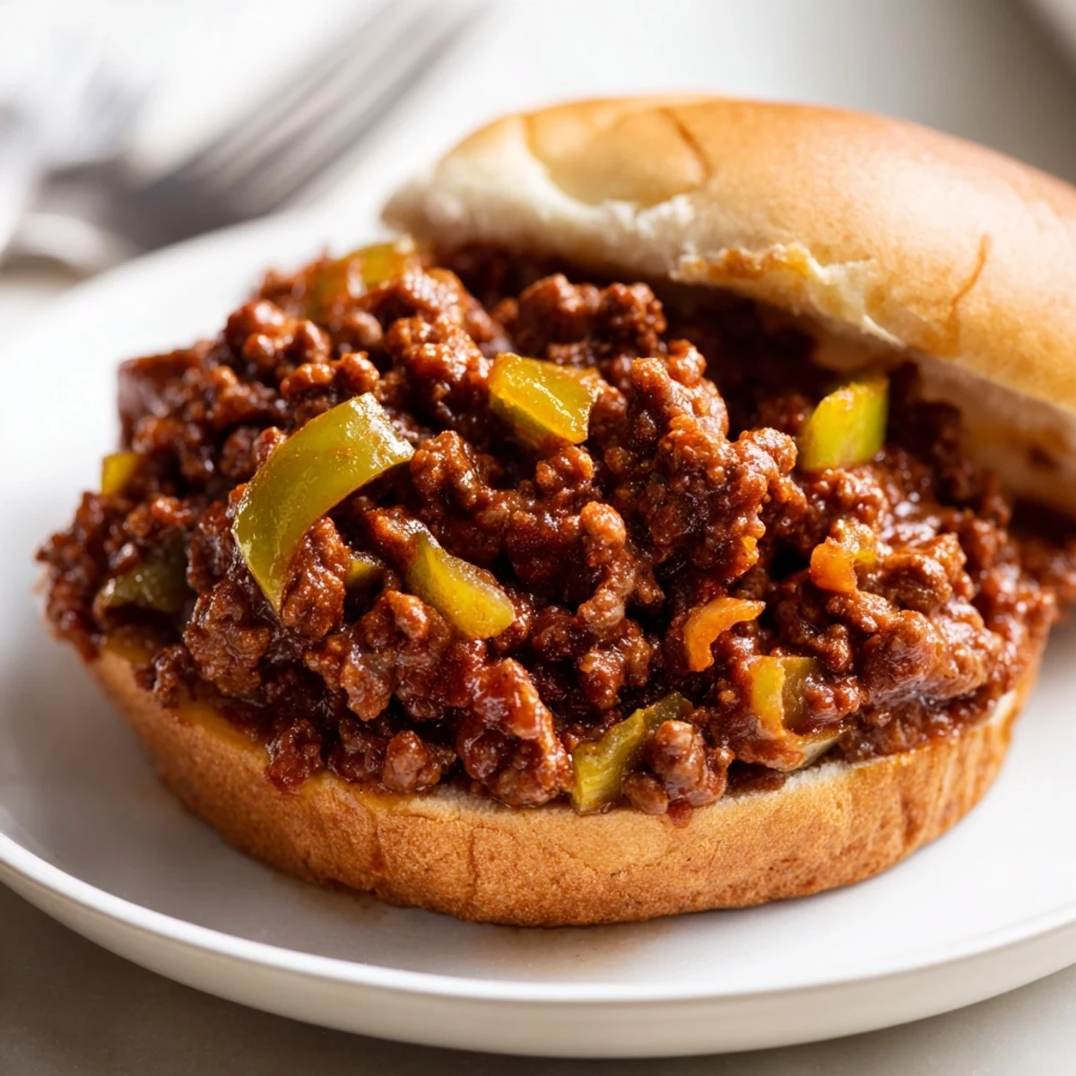 Close-up of a juicy sloppy joe sandwich, the beef mixture spilling from a soft, golden bun.
