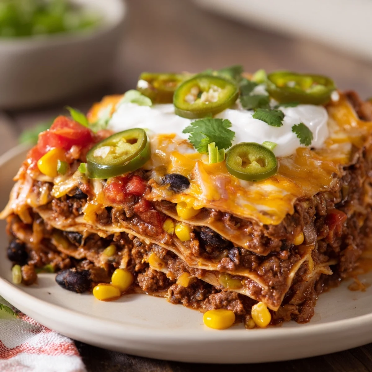 Golden brown Taco Lasagna straight from the oven, offering a delicious family-friendly meal.