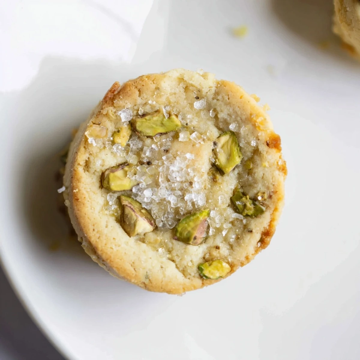 Golden, crisp Salted Pistachio Slice & Bake Shortbread cookies sprinkled with flaky sea salt, ready to enjoy.