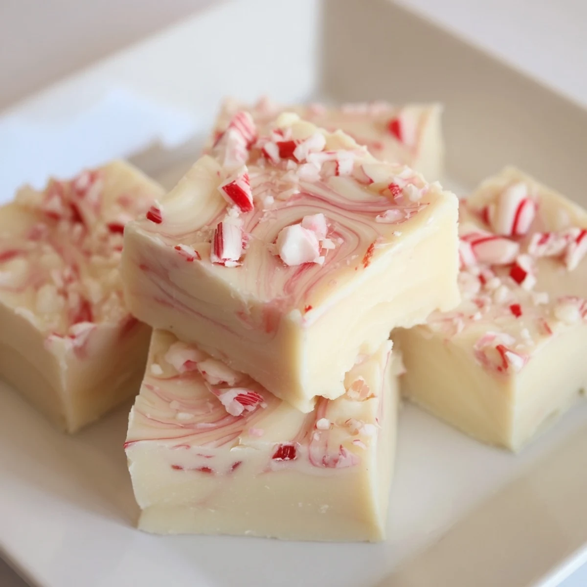Beautifully swirled White Chocolate Peppermint Bark Fudge topped with festive red and white candy canes.