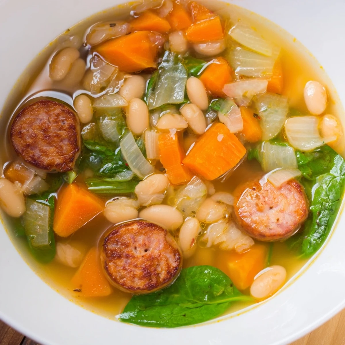 Close-up of Simple Sausage and White Bean Soup, showcasing the textures of sausage and beans with broth.