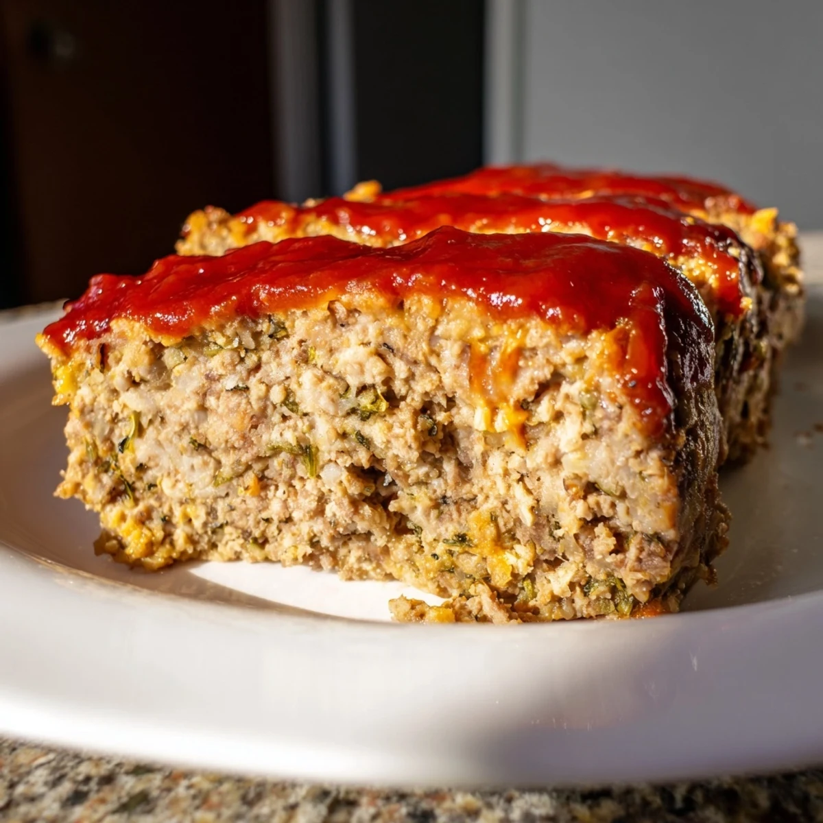 A close-up of the delicious Stove Top Stuffing Meatloaf Hack, cooked to a perfect golden-brown, with steam rising.