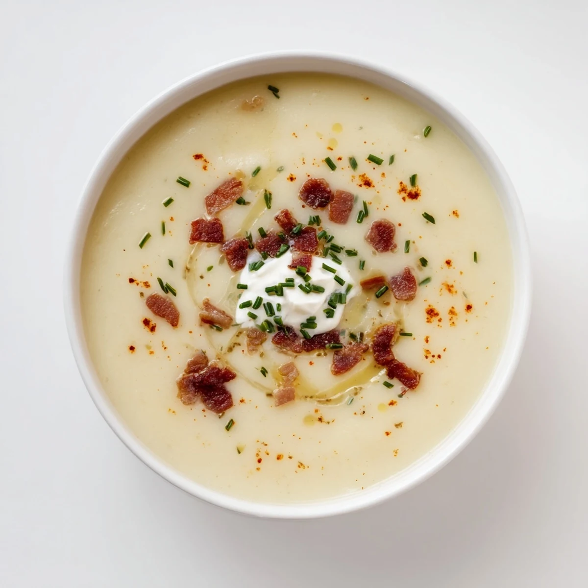A close-up of The Ultimate Baked Potato Soup, showing creamy texture and cheesy drizzle.