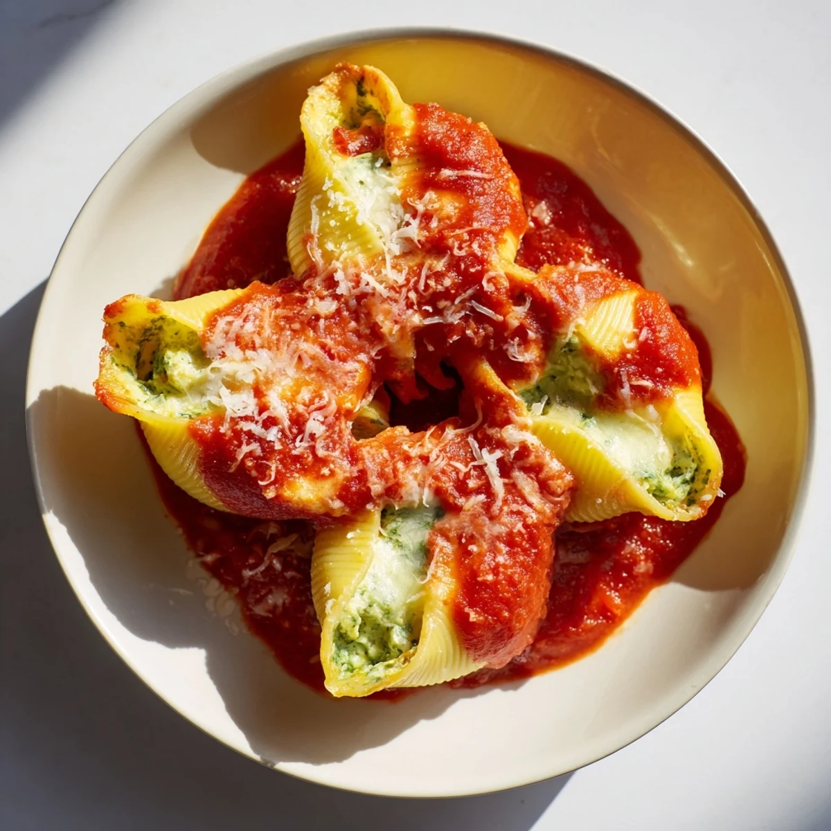 Pesto and Ricotta Stuffed Shells, bubbling golden brown, filled with a creamy cheese and pesto mixture.