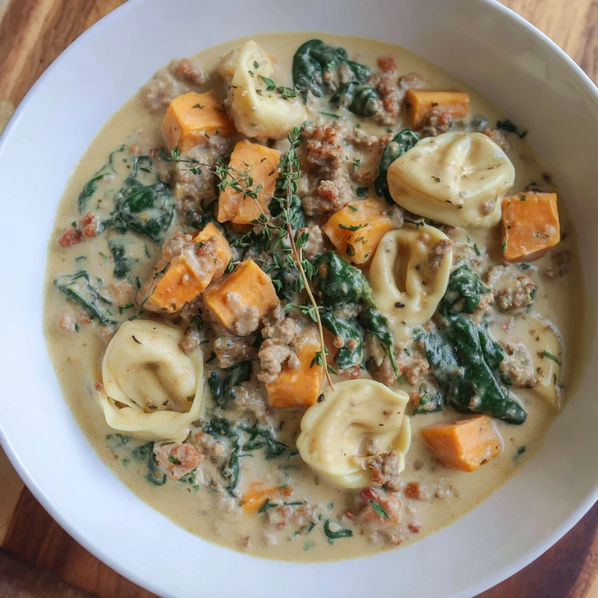 Steaming bowl of creamy sausage tortellini soup with bright spinach and sweet potatoes visible.