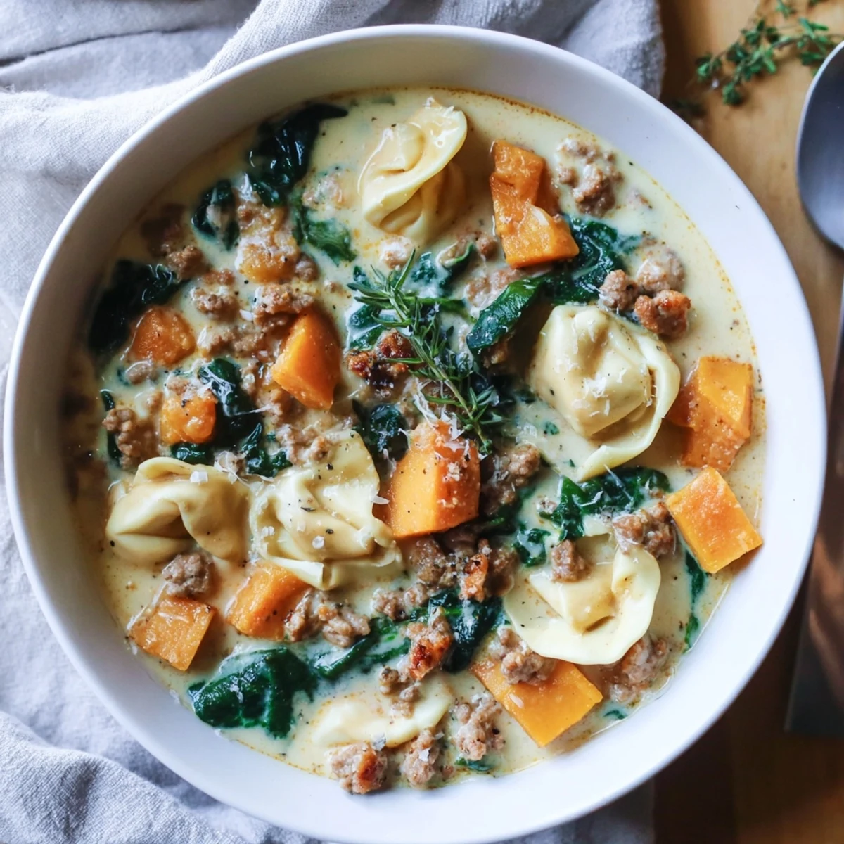 A close-up view of the hearty creamy sausage tortellini soup, ready to be enjoyed with crusty bread.