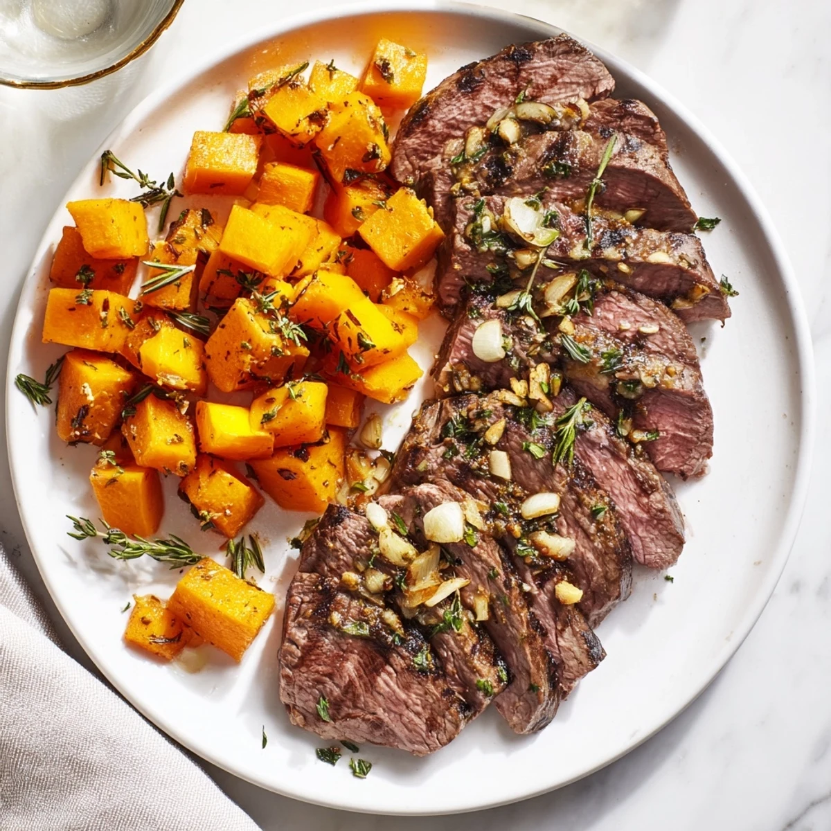 Golden butternut squash and garlic herb steak bowls, a savory meal bursting with flavor and texture.