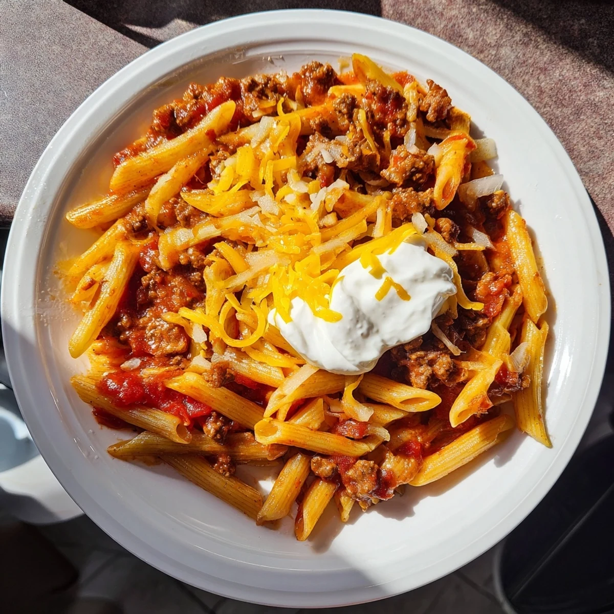 A sizzling skillet of Easy Beef Enchilada Pasta, a one-pot meal with savory enchilada sauce.