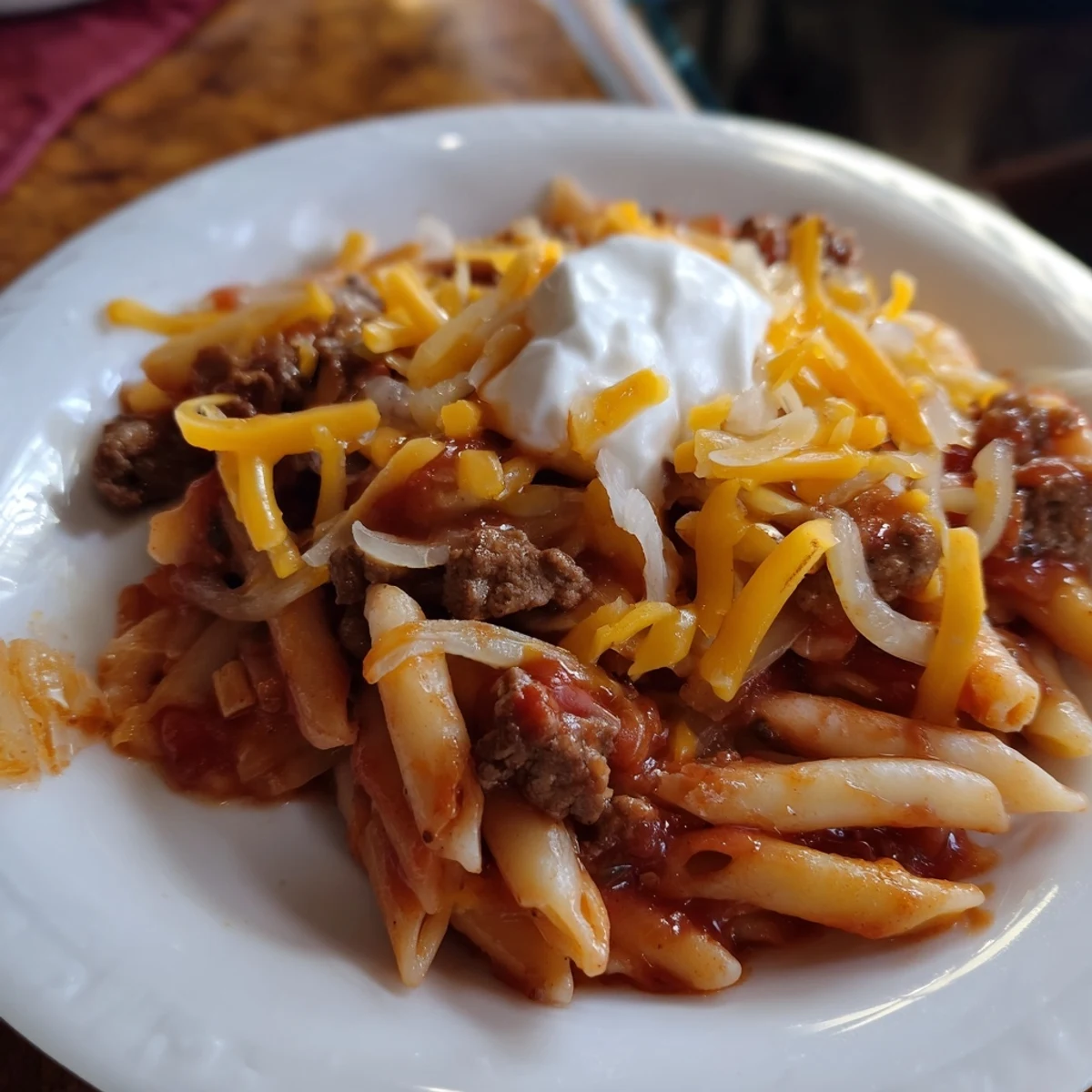 Tempting photo of Easy Beef Enchilada Pasta, showcasing melted cheddar and hearty ground beef.
