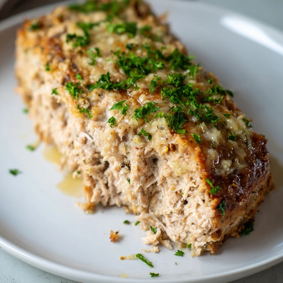This Garlic Parmesan Chicken Meatloaf shows off a flavorful, perfectly baked homemade meal.