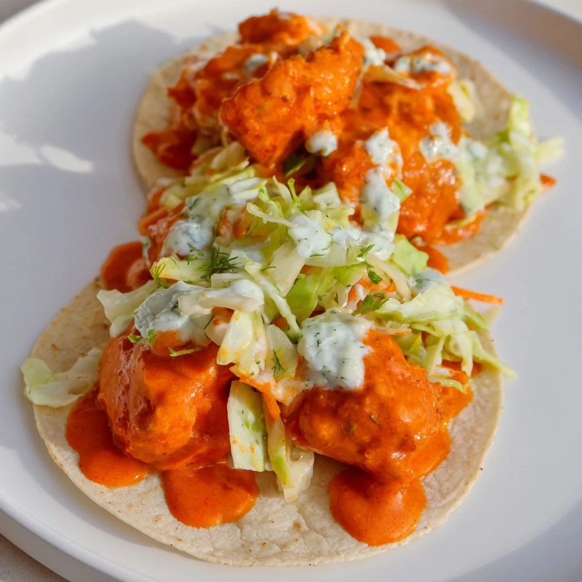 Crispy Buffalo Chicken Smash Burger Tacos with vibrant ranch slaw, perfect for a spicy dinner.