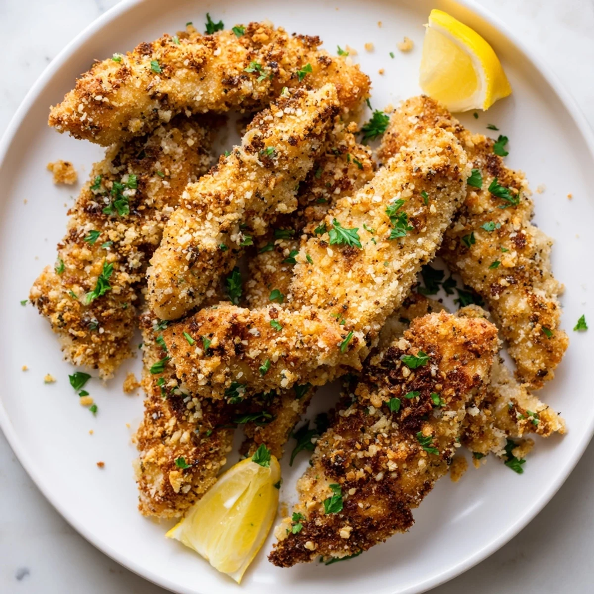 Oven-baked garlic Parmesan chicken tenders glistening with garlic butter, ideal for dinner tonight.