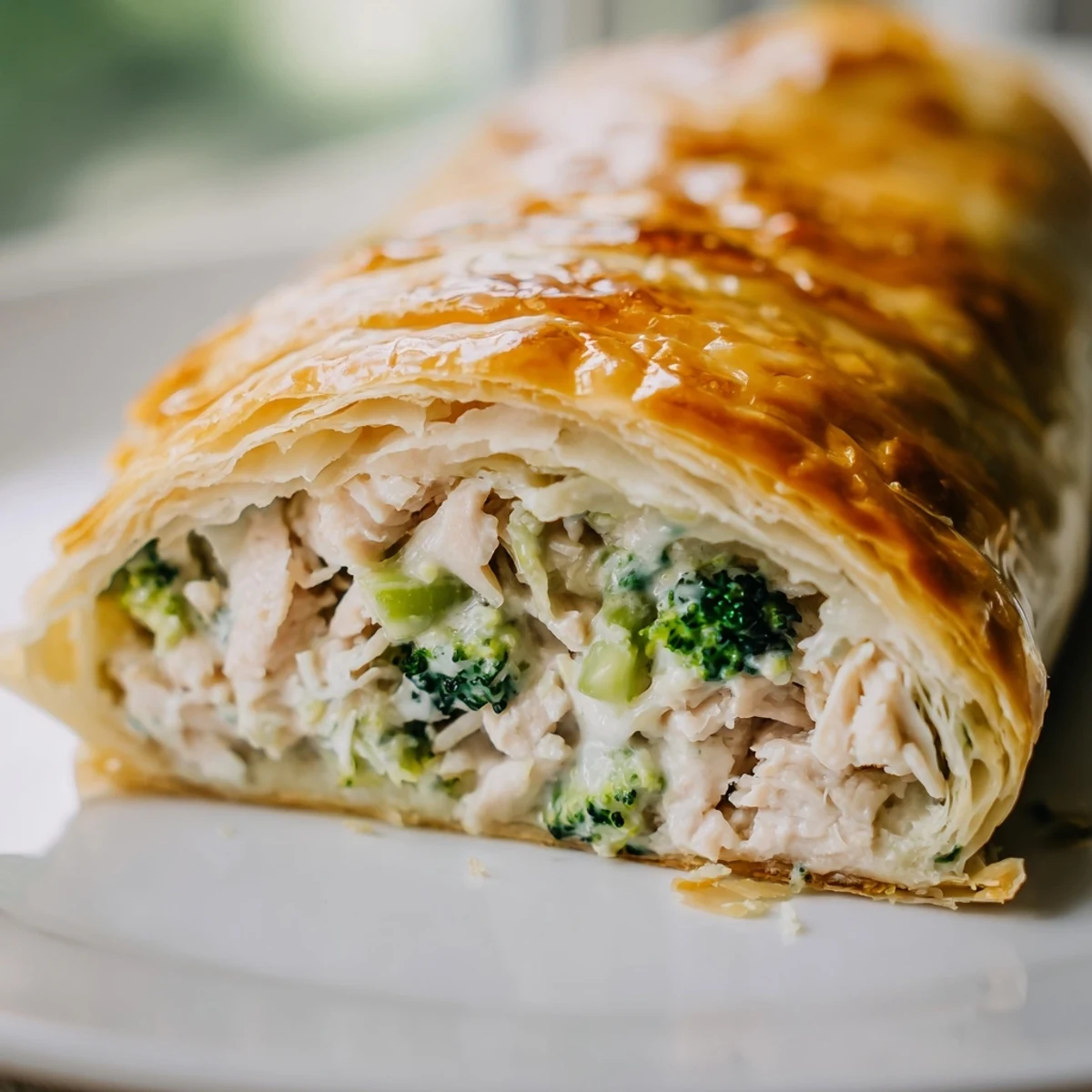 Close-up of baked Creamy Chicken and Broccoli Puff Pastry Rolls showcasing the creamy filling.