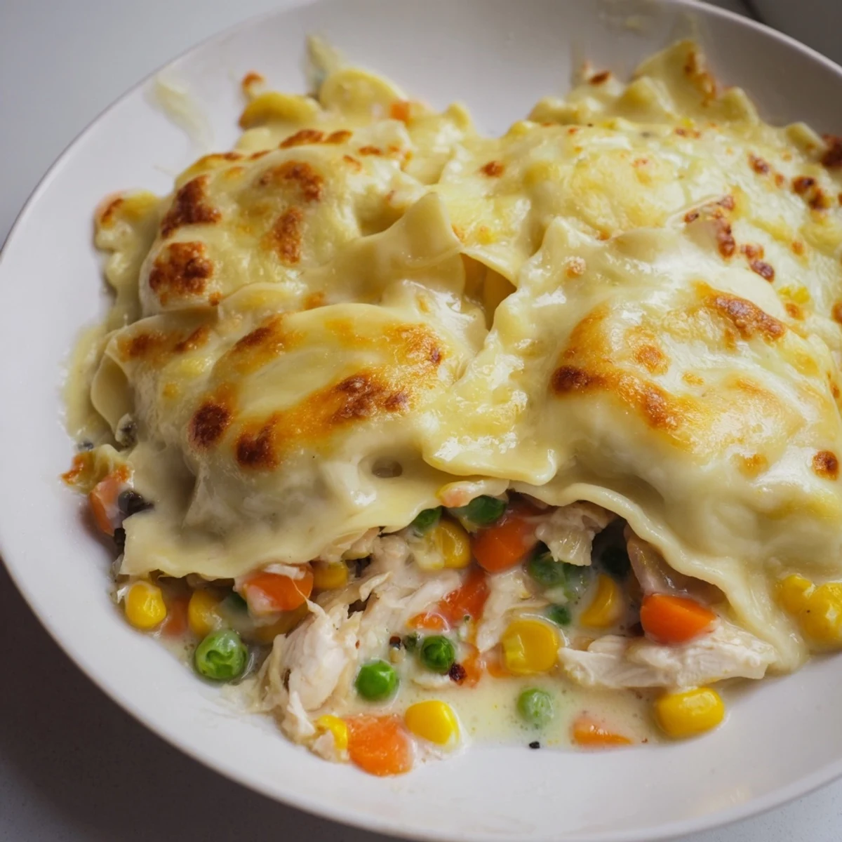 Golden, bubbly Chicken Pot Pie Ravioli Bake with melted cheese, a comforting family dinner.