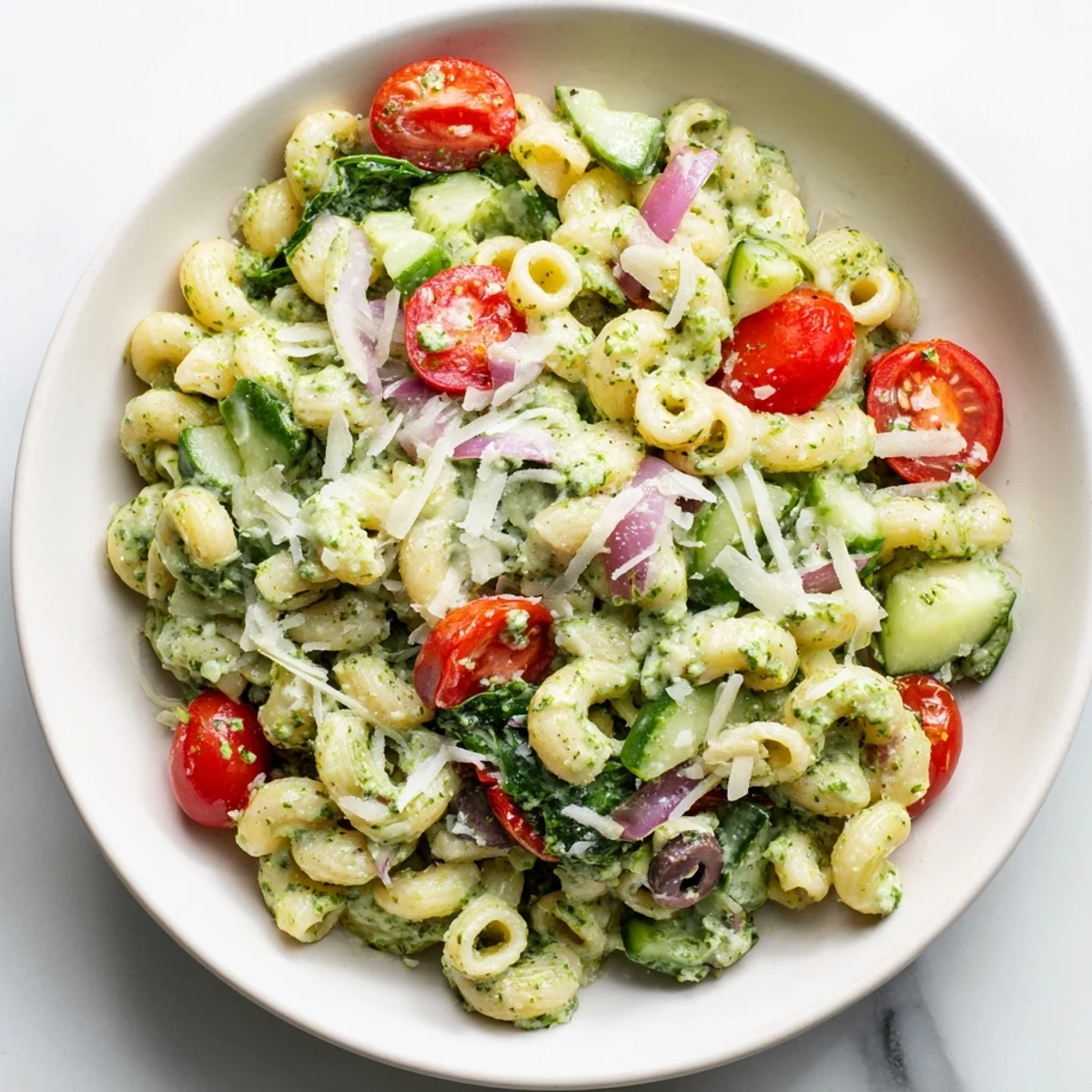 A close-up of creamy Caesar pesto ditalini salad, tossed with fresh spinach and tomatoes.