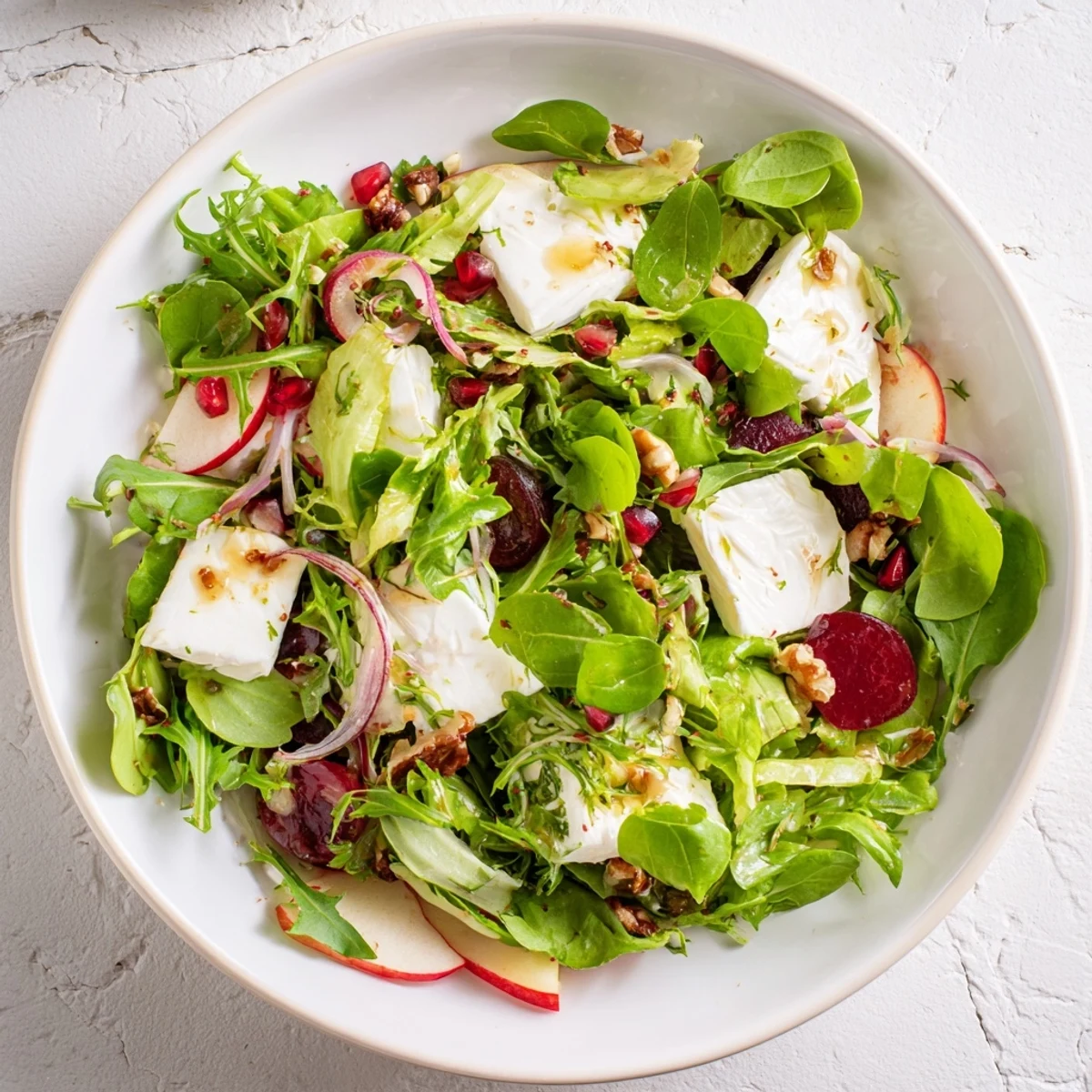 Close-up of a delightful Spiced Honey and Date Goat Cheese Salad, ready to be enjoyed as a starter.