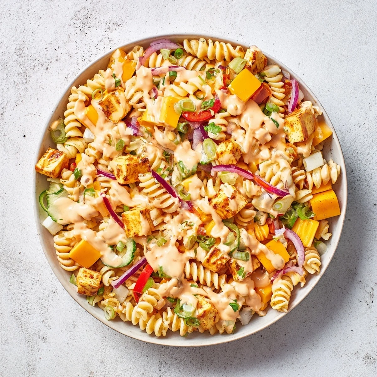 A colorful photo showcases the chilled Dill Pickle Chopped Pasta Salad, ready for a picnic spread.