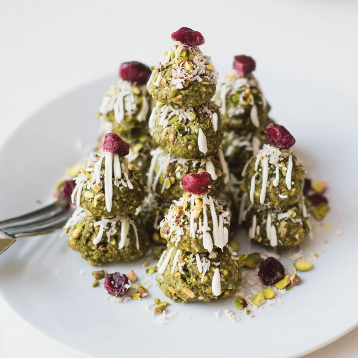 Vibrant green Matcha Pistachio Christmas Tree Energy Bites, drizzled with white chocolate and ready for holiday snacking.