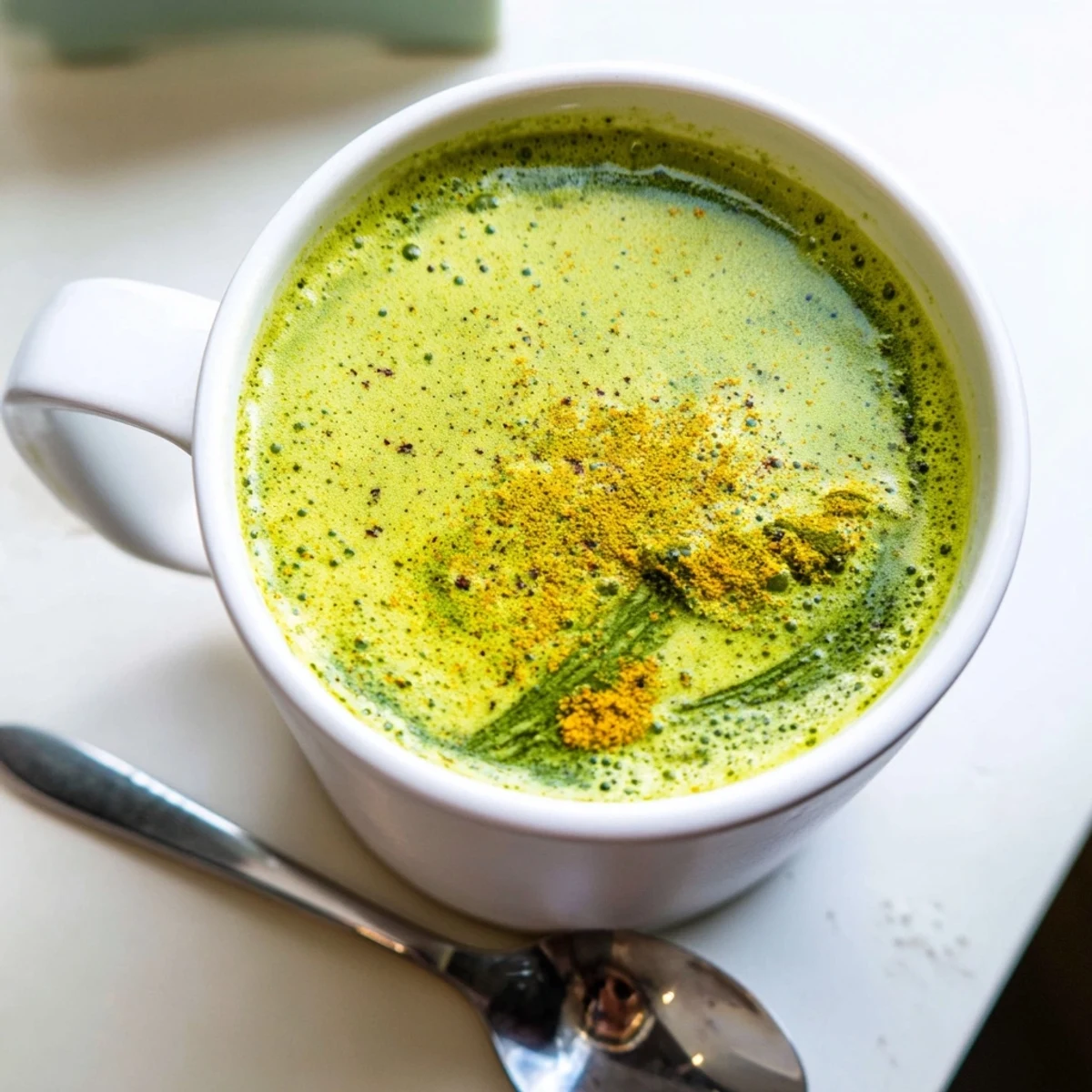 Steaming Coconut Ginger Matcha Winter Immunity Latte, a vibrant green beverage, ready for a cozy winter evening.