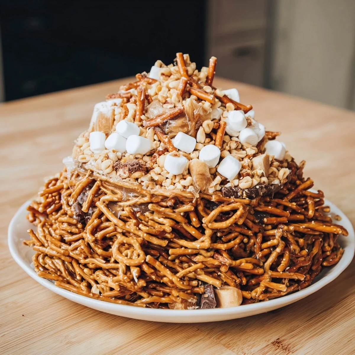 Sweet and salty Haystack Candy Tower: layered with pretzels, chocolate, peanut, and coconut toppings.