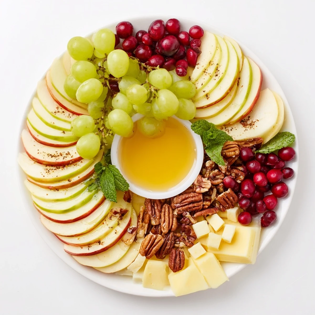 Get ready for a delicious Apple Orchard Fruit Board, a colorful mix of fresh fruit, and crunchy nuts.