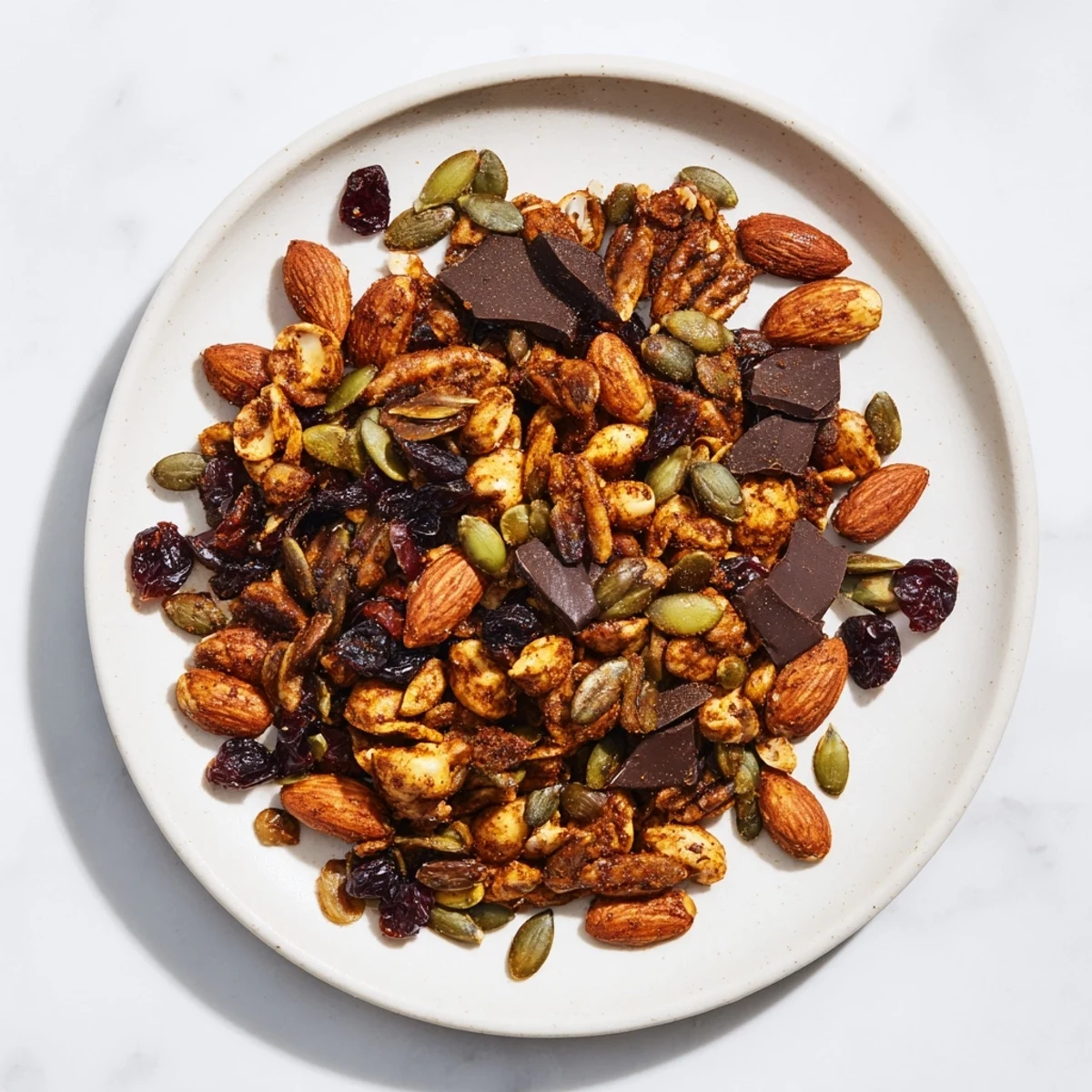Golden-brown Acorn & Oak Snack Mix with cranberries and chocolate chips, ready to enjoy.