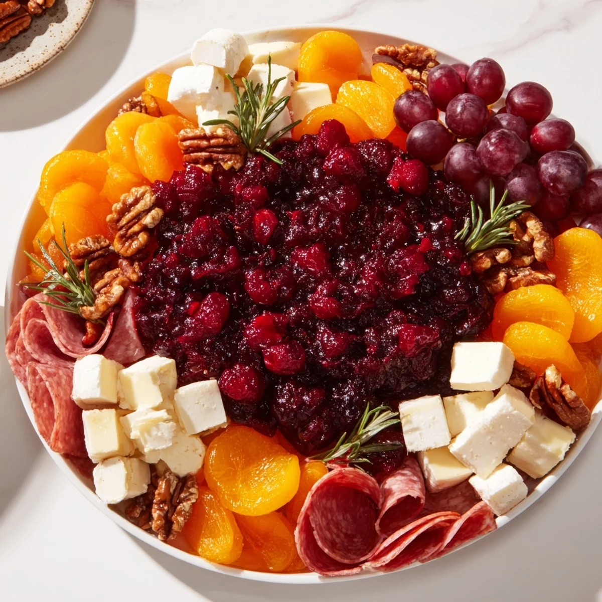 Delicious cranberry wreath appetizer, offering a visually stunning arrangement of cheese, meats, and fruit.