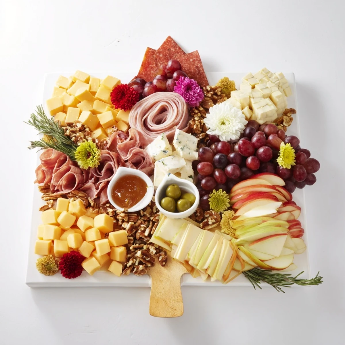 Elegant Maple Leaf Grazing Tray, overflowing with delicious cheeses, charcuterie, and fresh fruits.