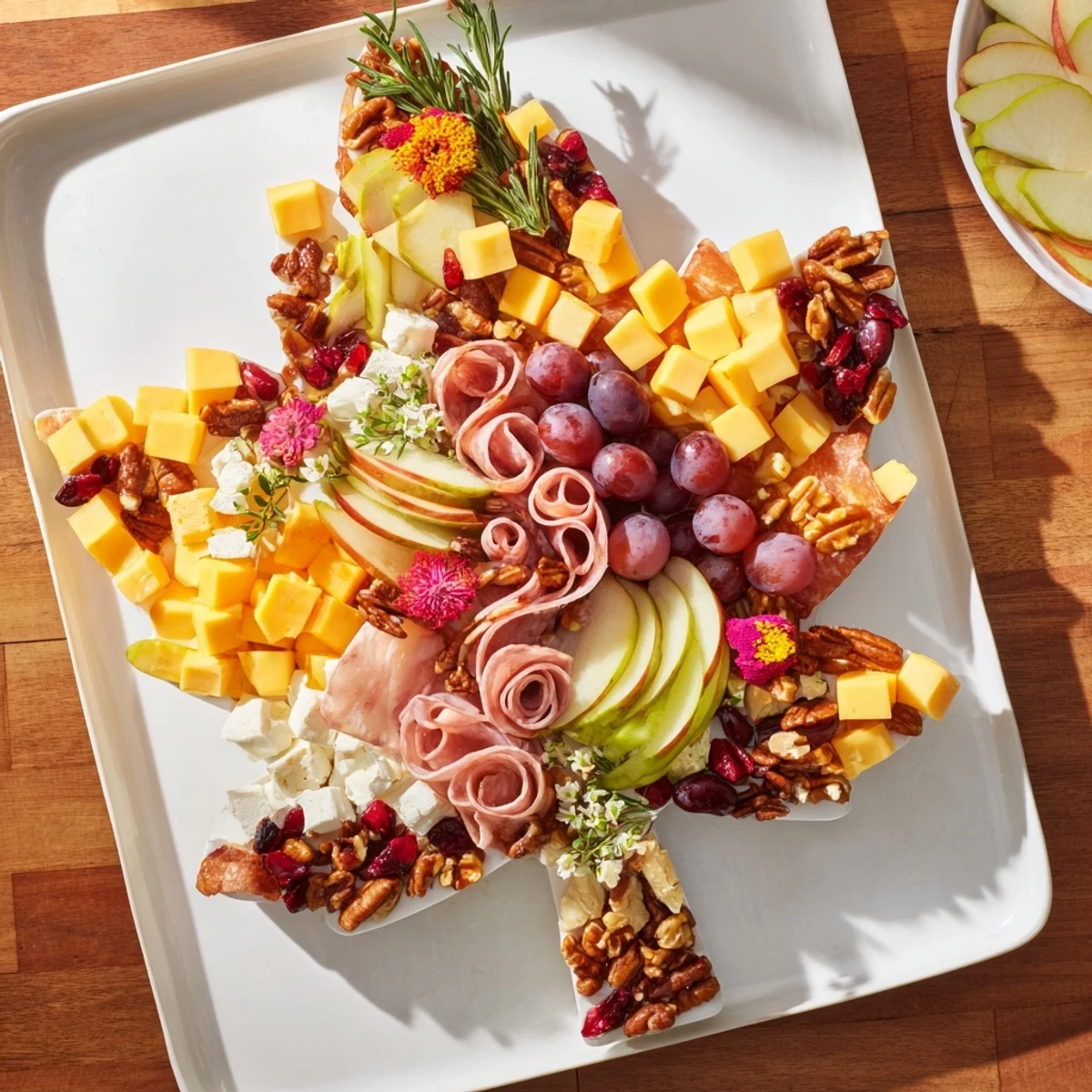 Vibrant Maple Leaf Grazing Tray, perfect for fall, featuring colorful cheeses and crackers.