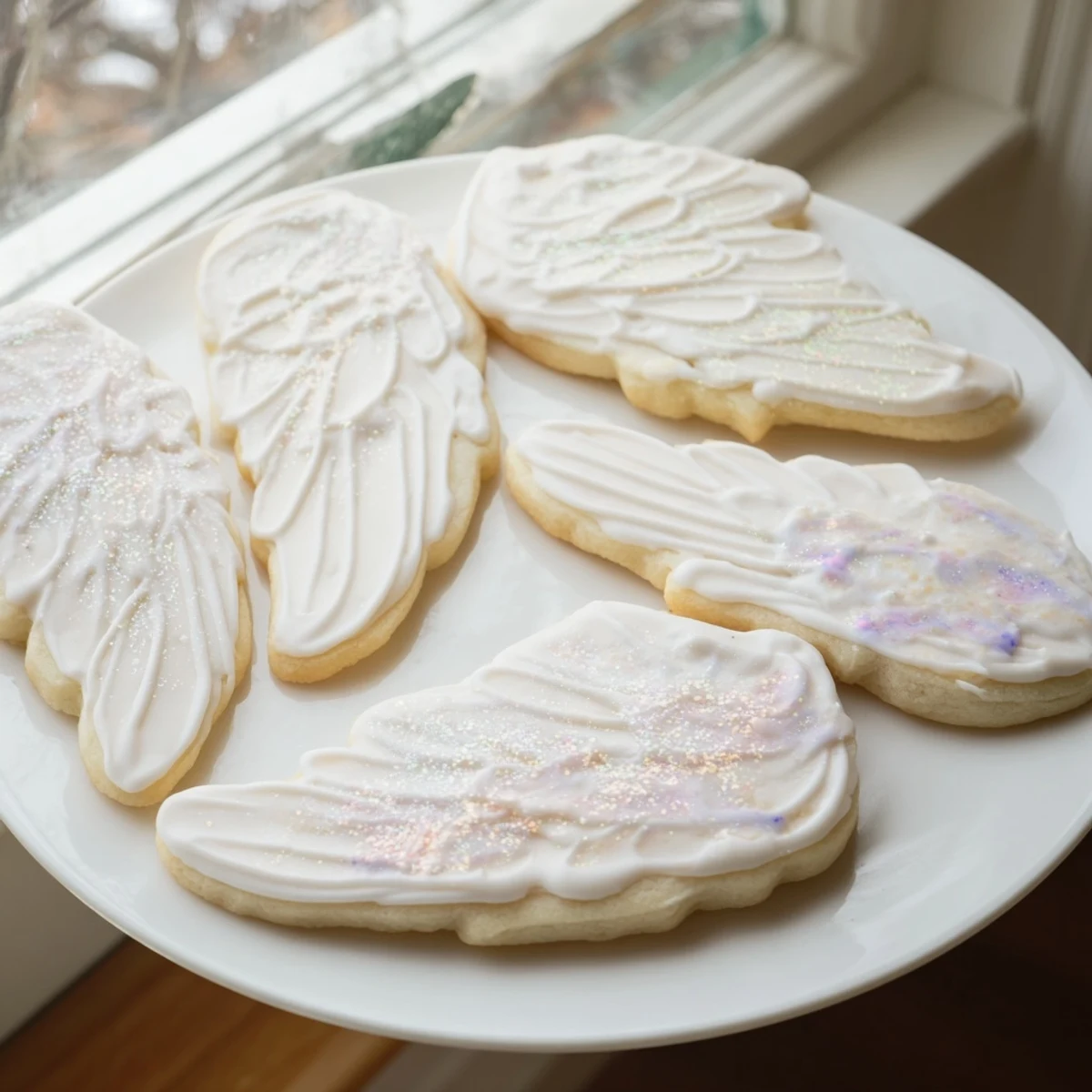 Freshly baked Angel Wings Sugar Cookies showing intricate wing details, perfect for any holiday dessert buffet.