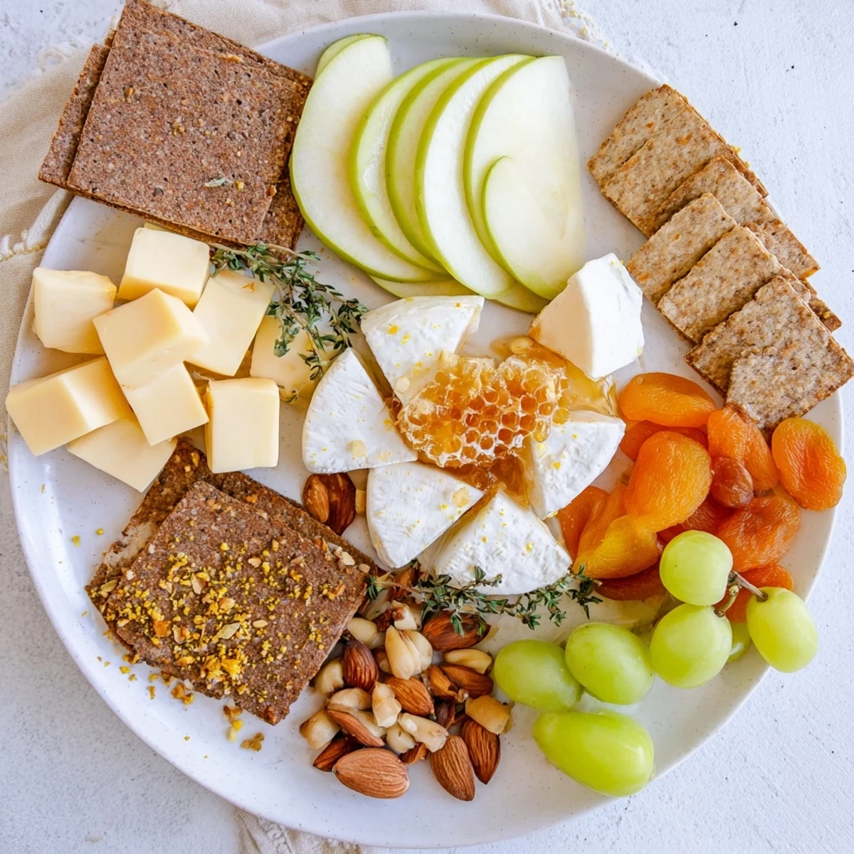 Honeycomb Snack Plate arranged with cheese, fruits, and honey, a pleasing appetizer to share.