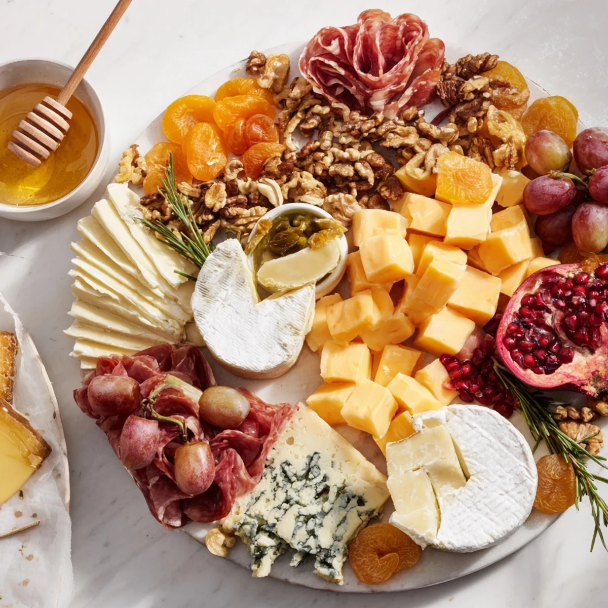 Brightly arranged Christmas 2025 Festive Grazing Board featuring cheeses, meats, fruits and holiday treats.
