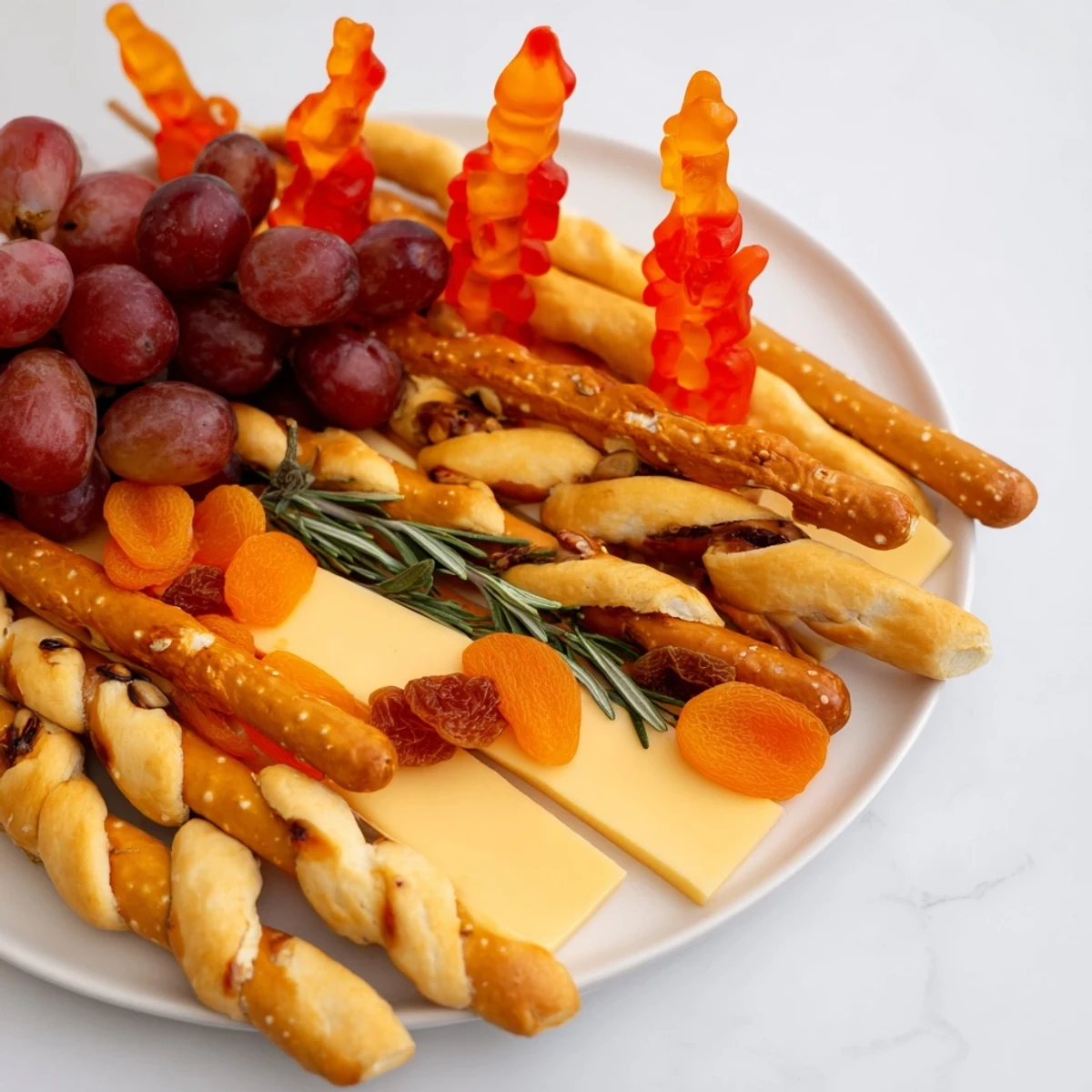 Flickering Fire Log Snack Board, adorned with vibrant fruits and cheeses, perfect for any gathering.