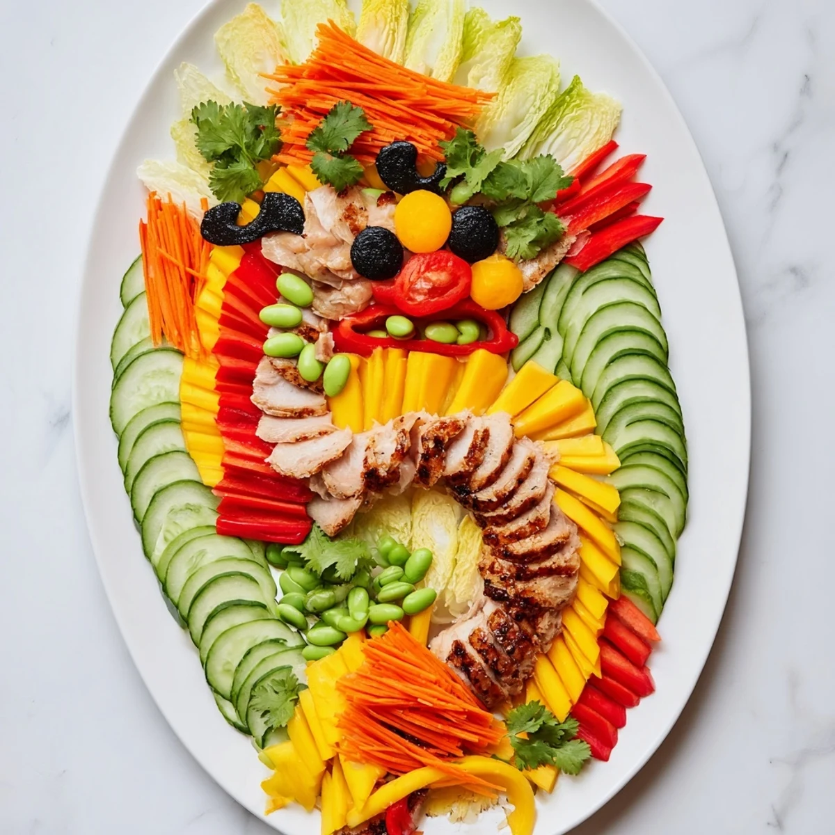 Lunar New Year Dragon Platter with colorful veggies and shrimp, ready for serving during celebrations.