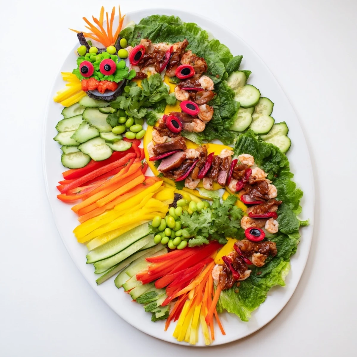 This Lunar New Year Dragon Platter features vibrant Asian appetizers arranged beautifully for a festive table.