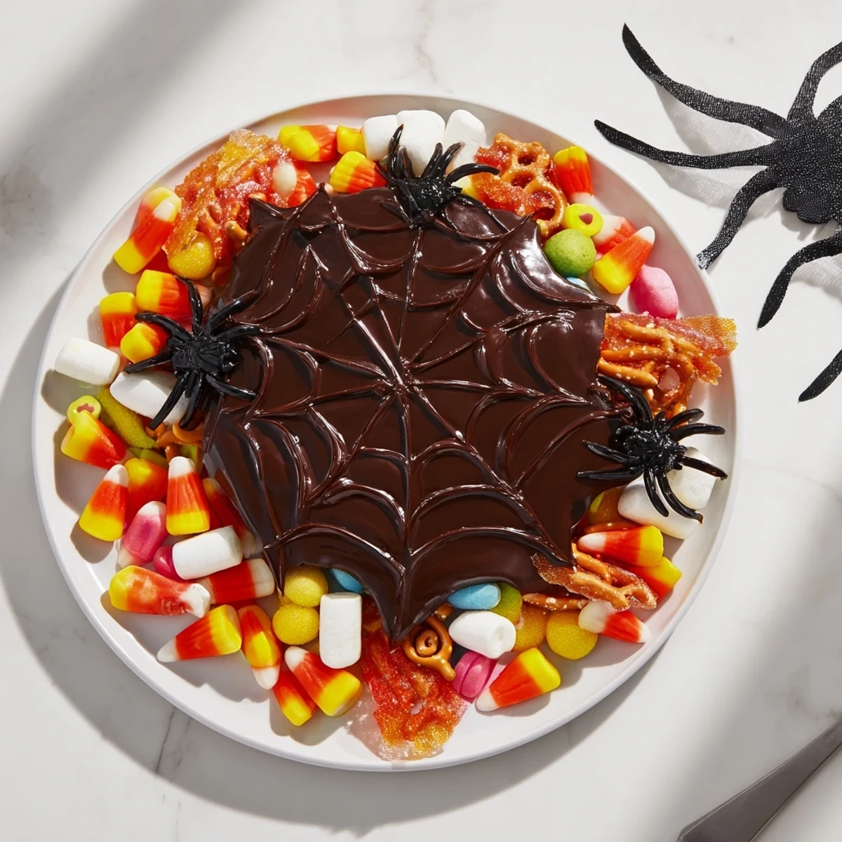 A decadent, spooky Spiderweb Candy Platter, perfect for Halloween, featuring gummy worms and crisp pretzels.