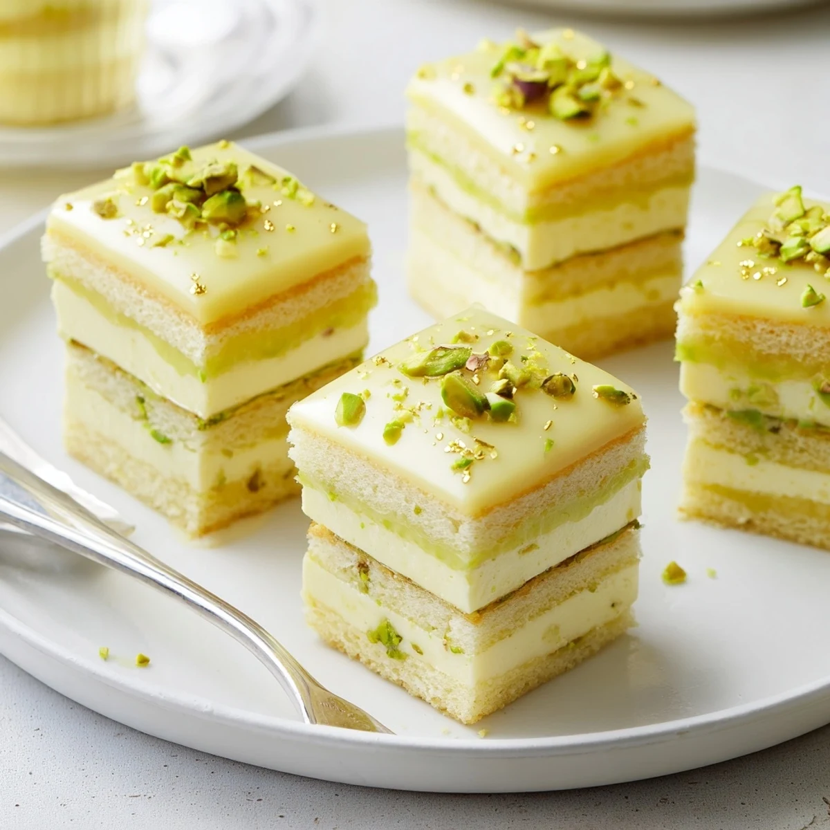 Golden, bite-sized Grenouille Royale Petits Fours, layered with pistachio cream, creating an elegant treat.