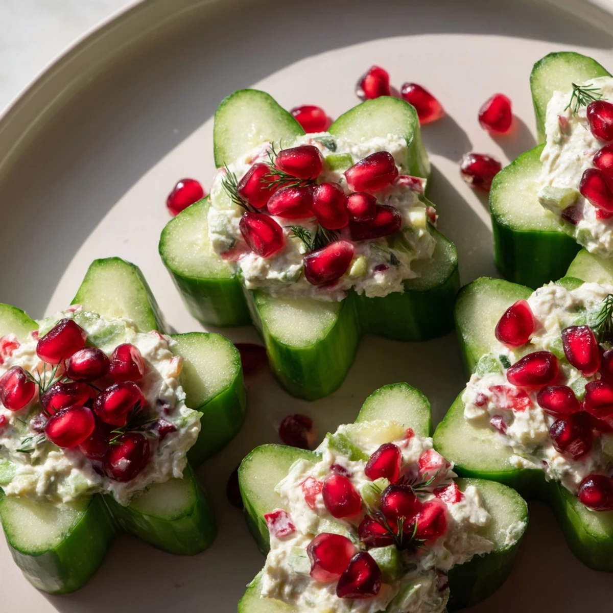 Festive winter salad: Snowflake cucumber cups, filled with creamy, tangy filling and vibrant garnishes.