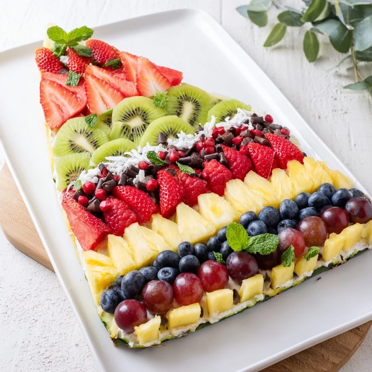 Vibrant birthday board fruit platter, a festive and healthy cake slice made with colorful fresh fruit.