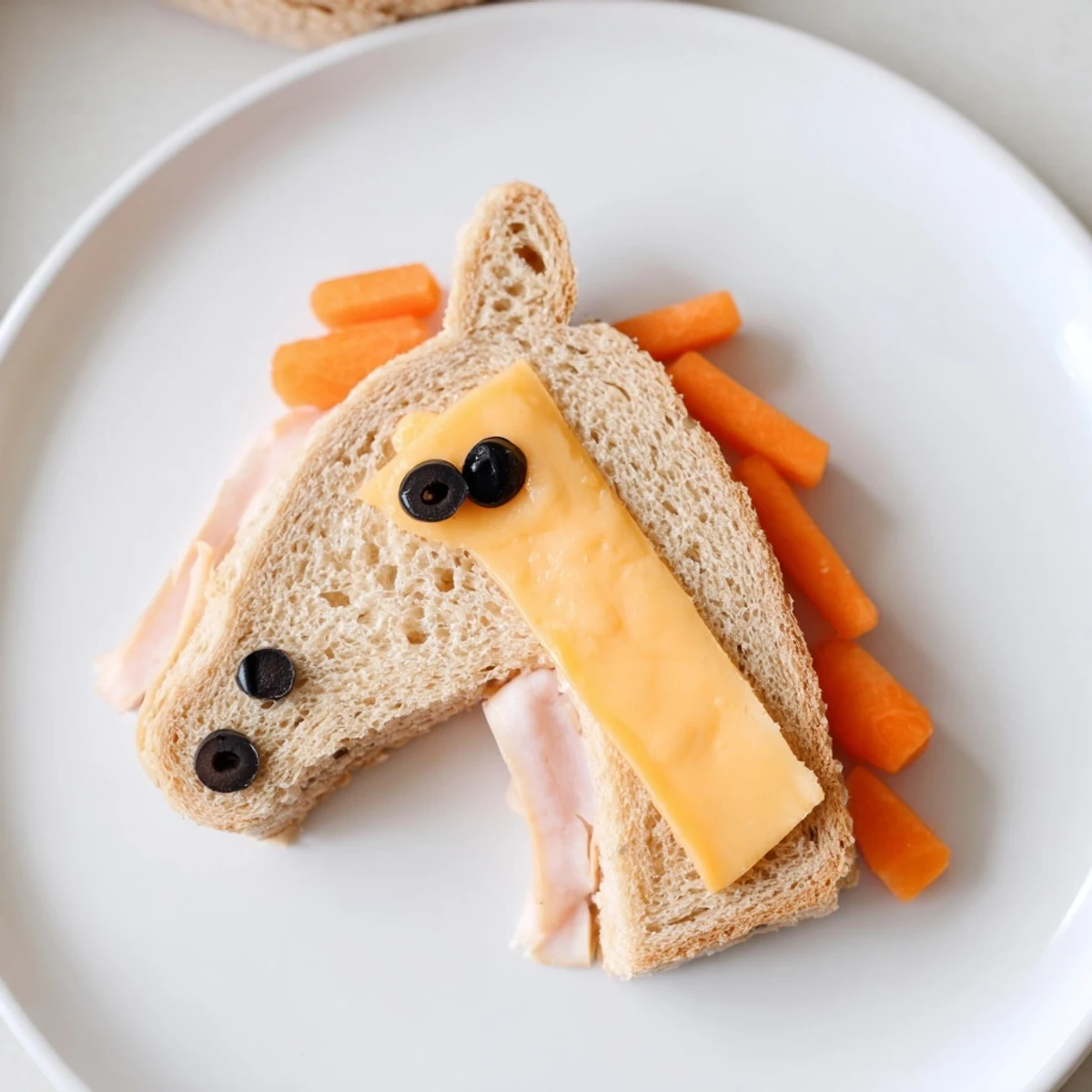 A close-up view of completed horse head sandwich cutouts: layered bread, cheese, and festive carrot decor.