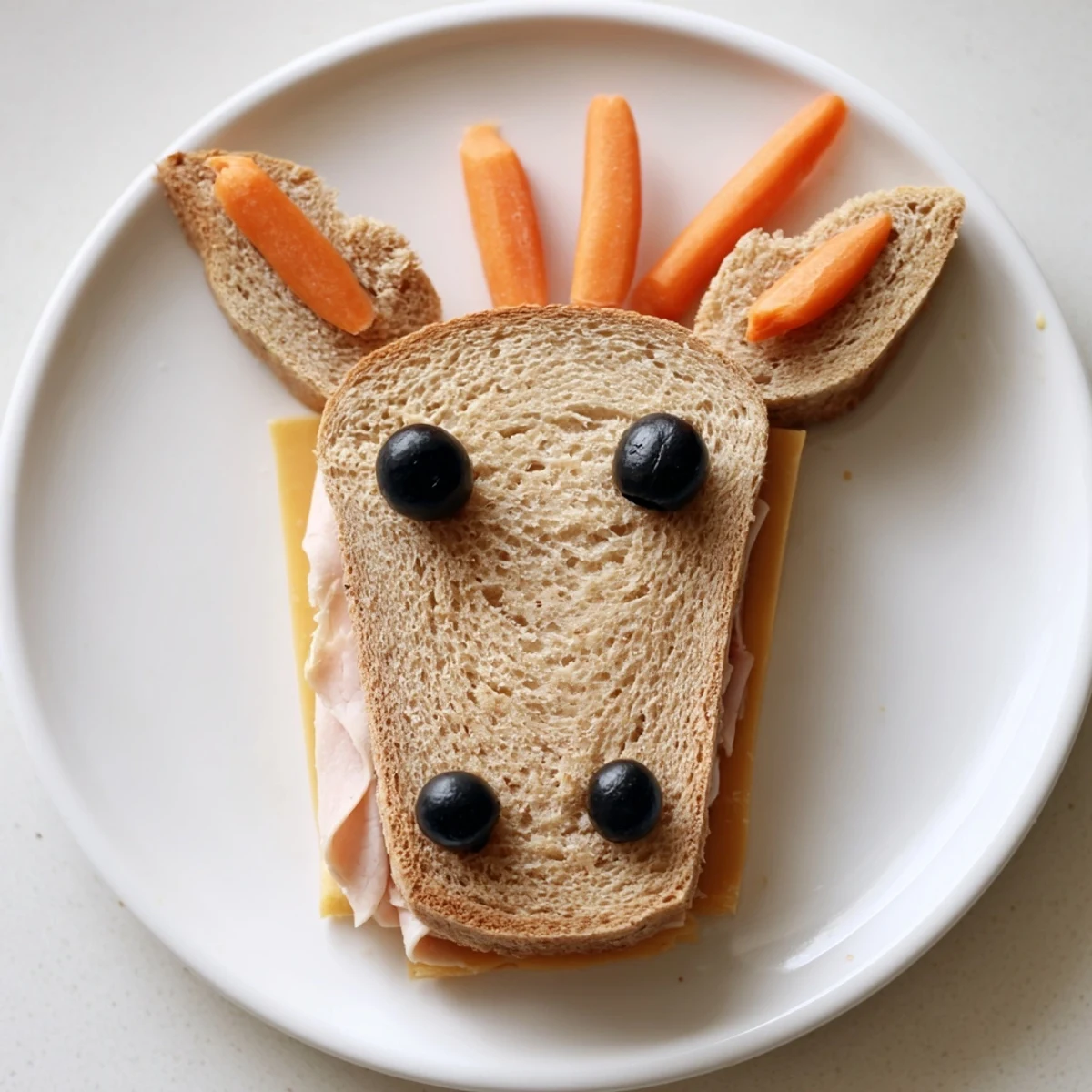 This vibrant image shows a kid-friendly lunch with creative horse head sandwich cutouts, perfect for snack time.