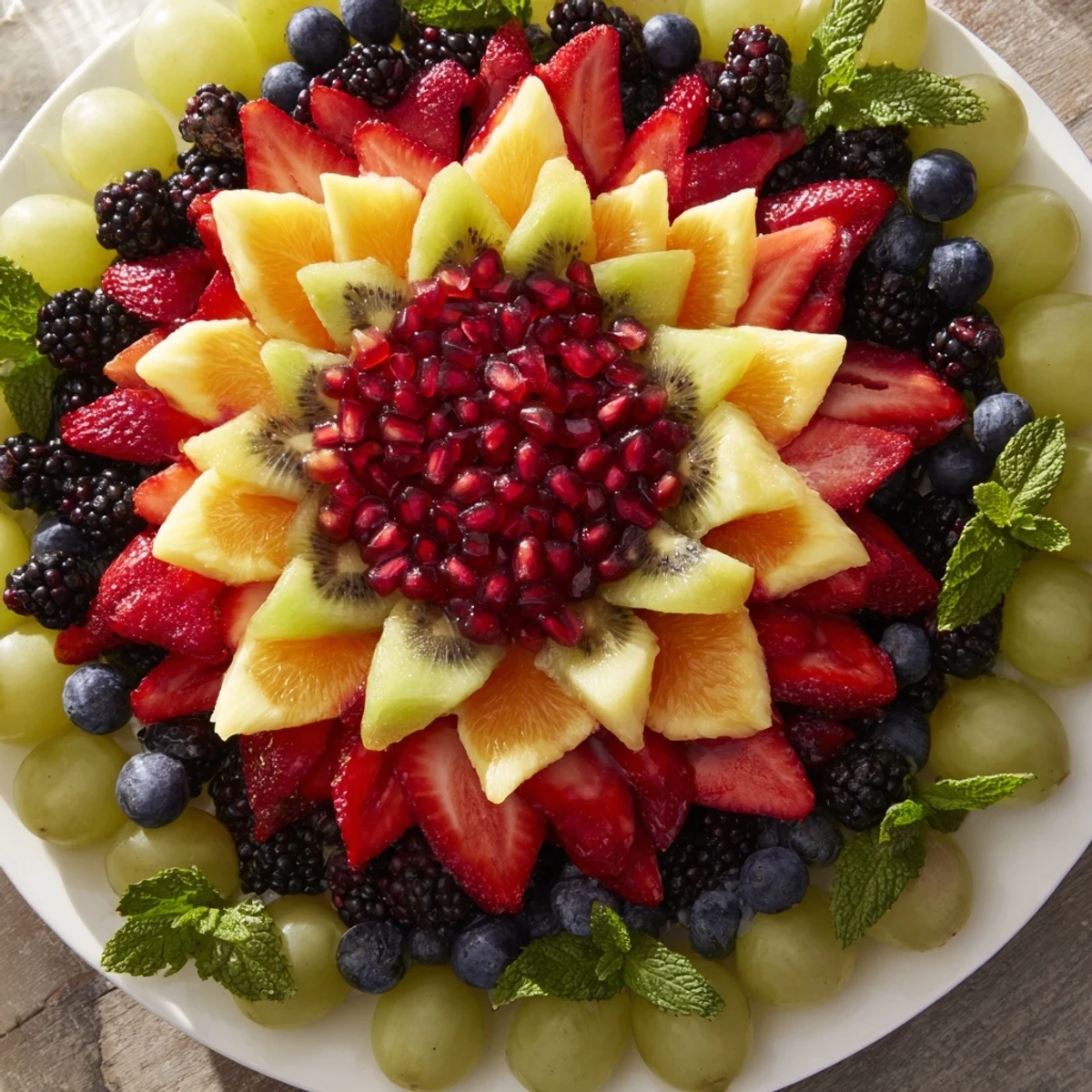 See the colorful, healthy Pomegranate Starburst Platter with fresh fruit and juicy pomegranate seeds.