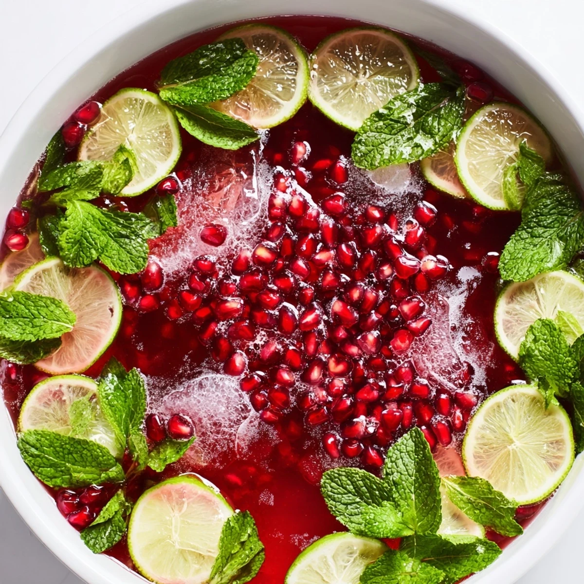 Festive pomegranate and mint wreath drink, garnished with glistening seeds and vibrant green mint leaves.