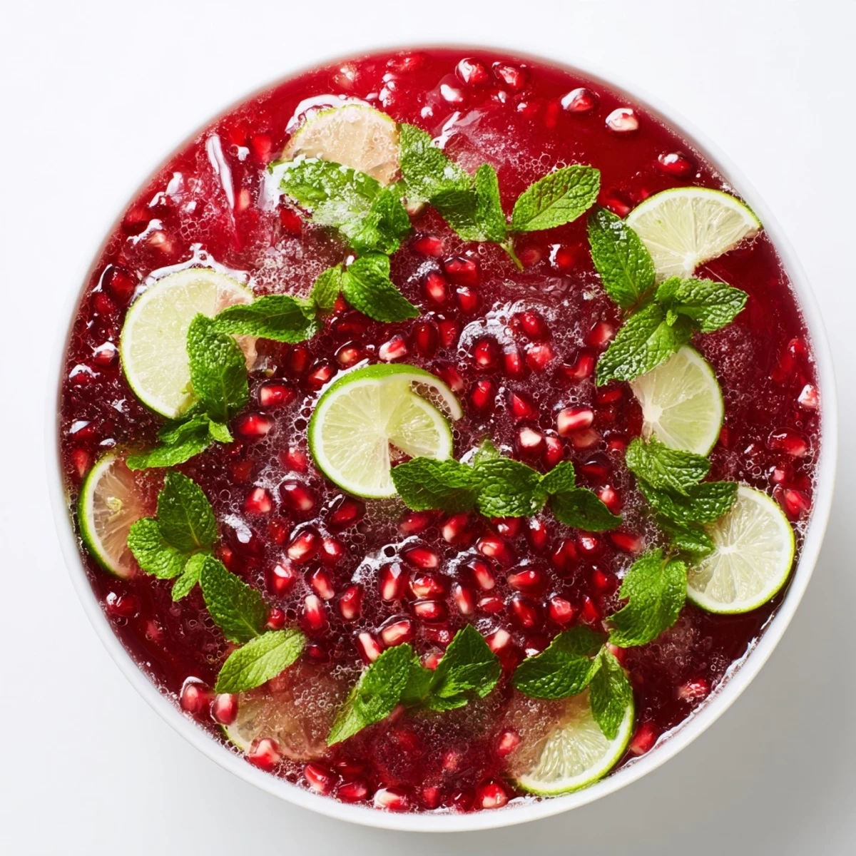 Bright red pomegranate and mint wreath cocktail, served cold with ice and sliced citrus for a party.