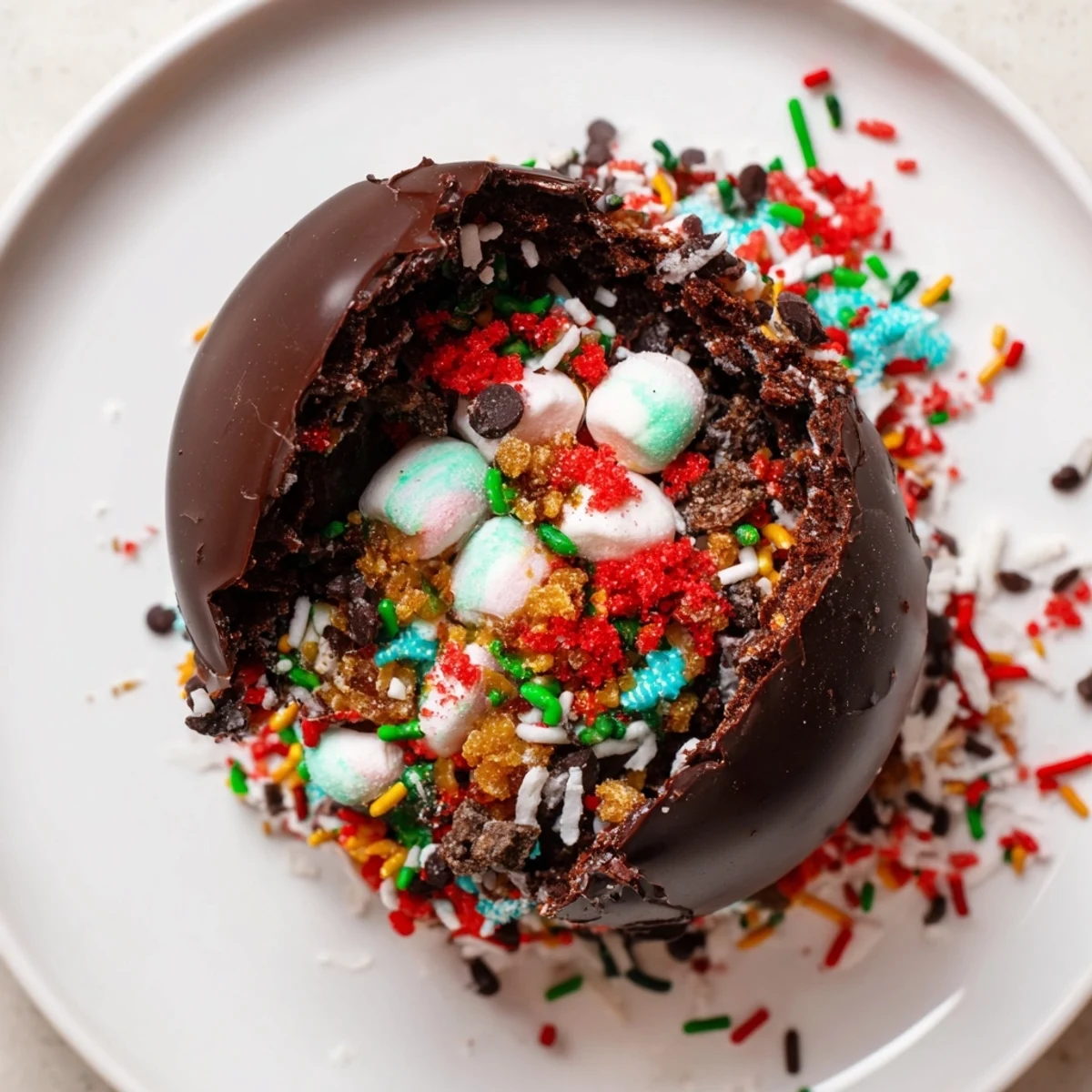Rich dark chocolate Hot Cocoa Bomb shells sit beside colorful topping bowls for serving.
